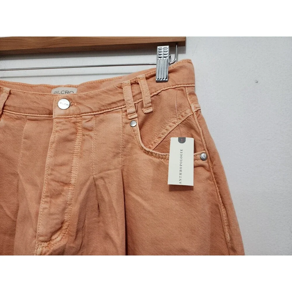 Anthropologie Pilcro Pleated Denim Mini Skirt Orange Fray Hem Button Fly Sz 10